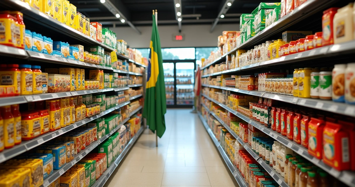 Corredor de supermercado brasileiro em Orlando com produtos típicos e pães de queijo expostos 
