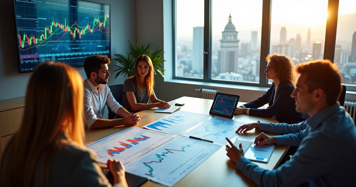 Pessoas analisando gráficos financeiros em uma mesa de escritório no Brasil