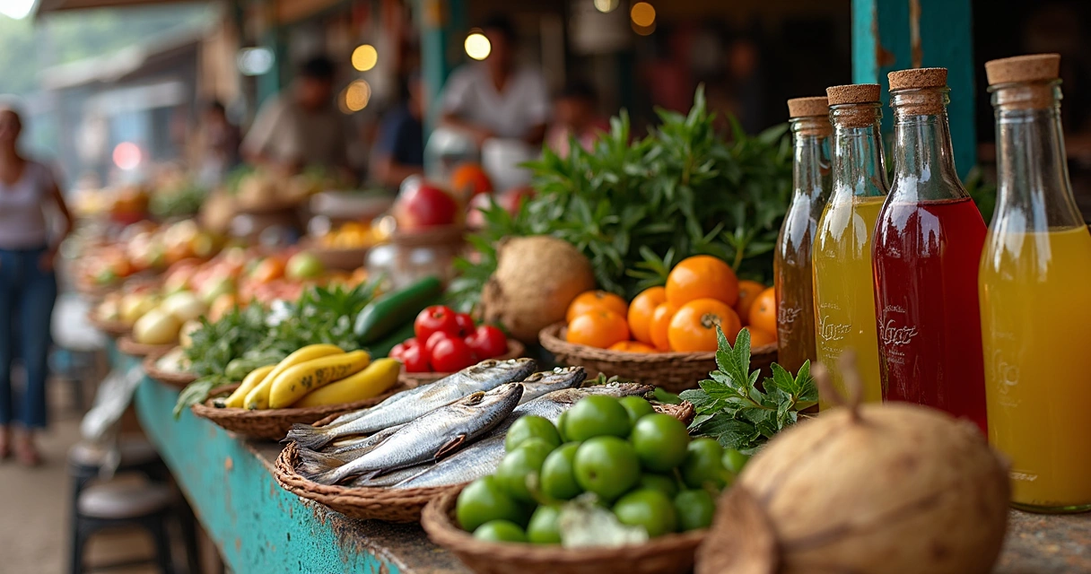 Bancada de mercado com cacau, pimentas e ingredientes típicos baianos 