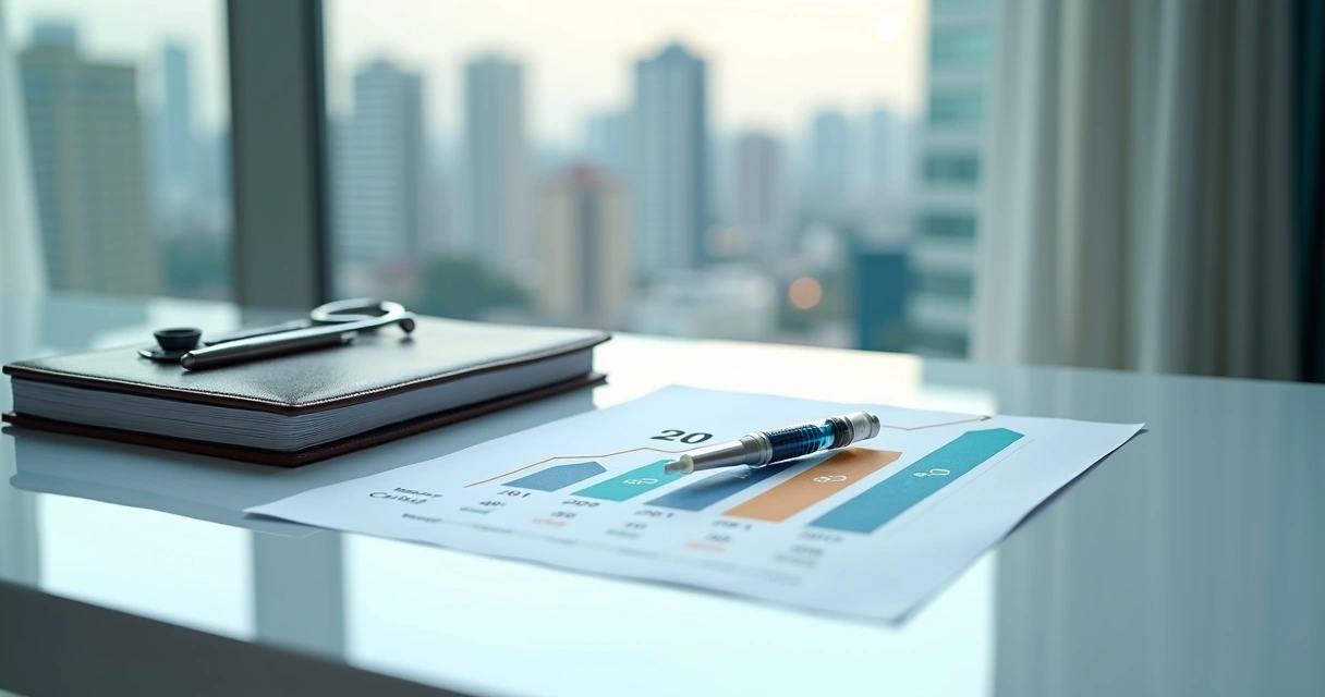 Mesa de consultório com caneta para emagrecimento ao lado de gráficos de crescimento do mercado 