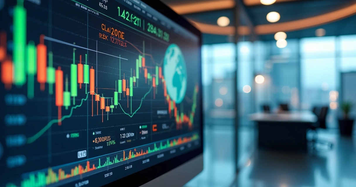 Gráficos de mercado financeiro com indicadores de carbono em tela digital 
