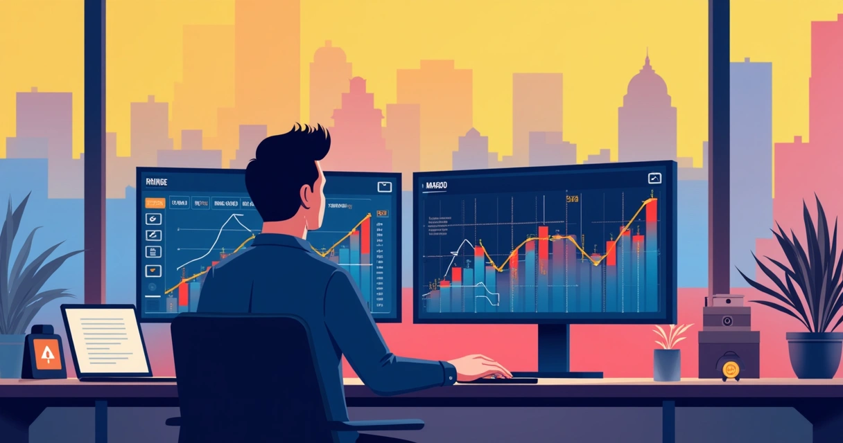 Ilustração de trader analisando gráficos do mercado colombiano com bandeira da Colômbia ao fundo 