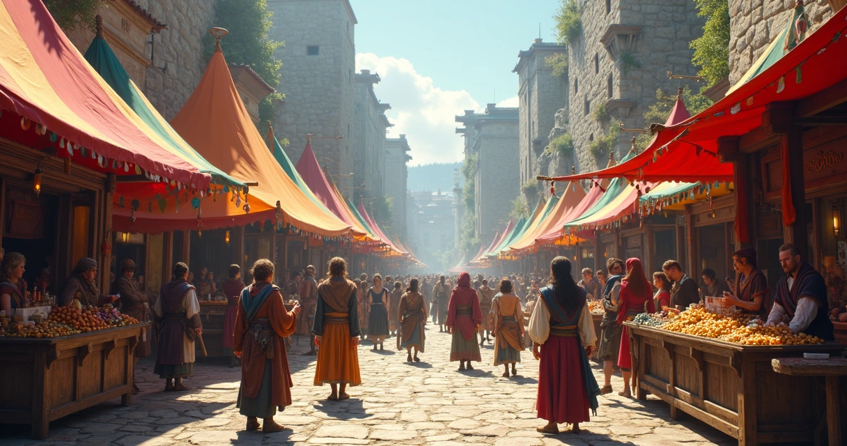 Mercado de Tibia movimentado, jogadores negociando runas em barracas coloridas 