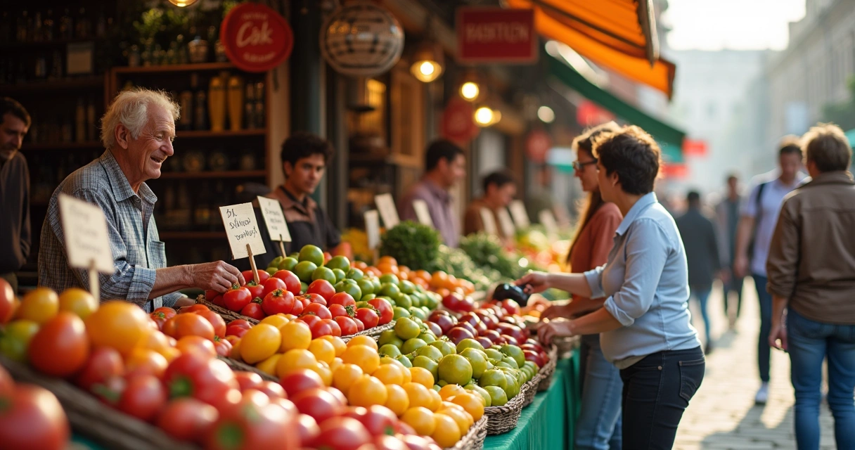 Banca de feira com frutas e clientes em mercado de rua