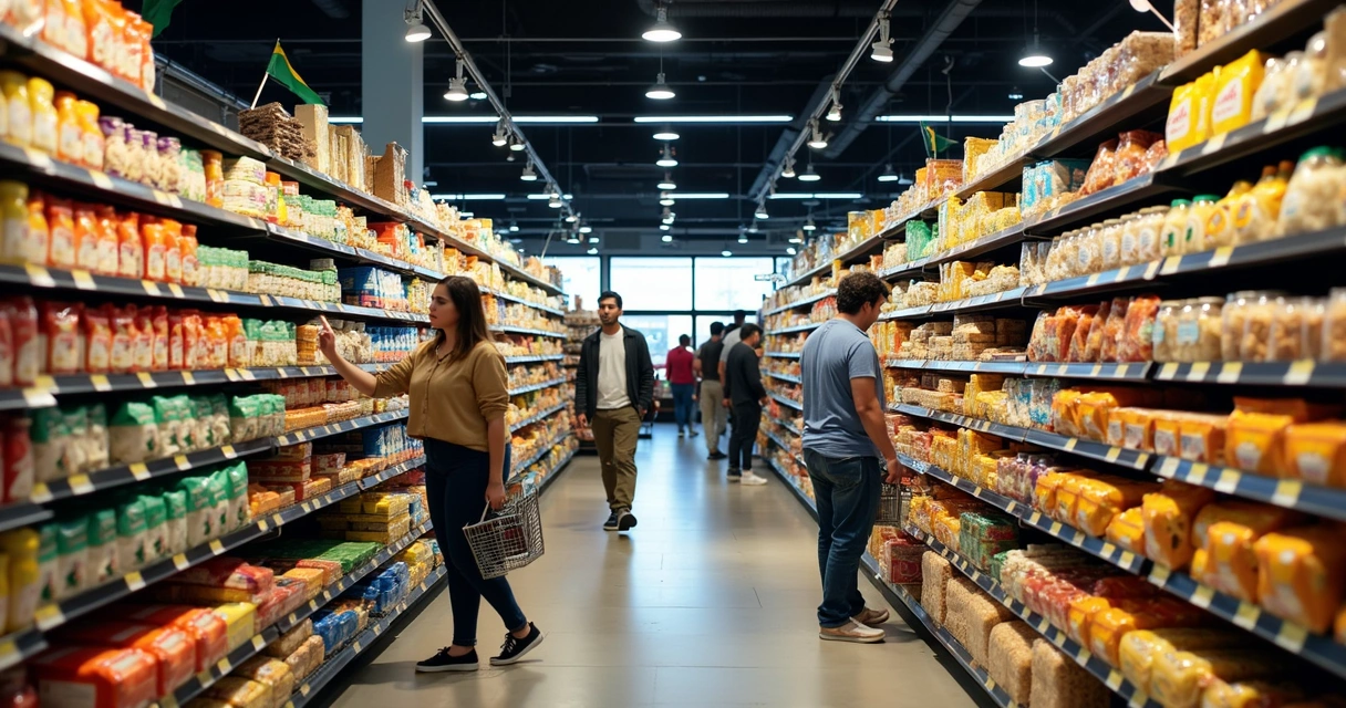 Prateleira de supermercado com produtos importados brasileiros 
