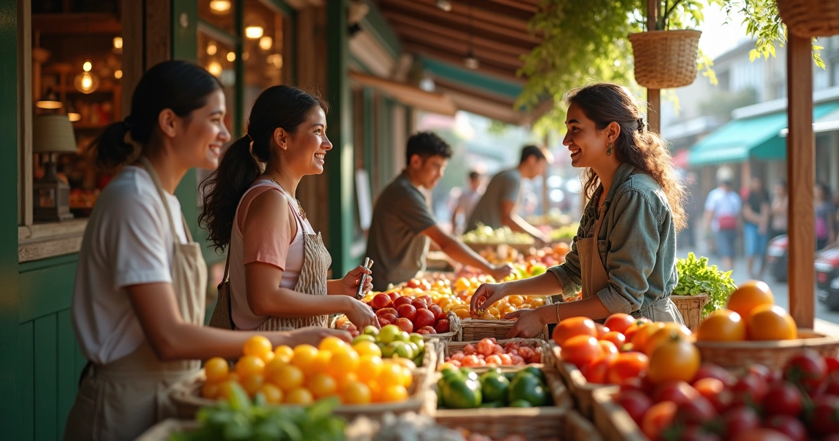 Mercado comunitário com pequenos produtores e consumidores 