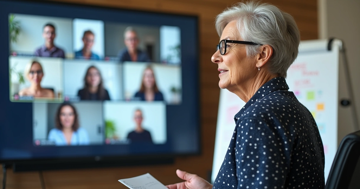 Mulher 50+ apresentando minicurso remoto a grupo online 