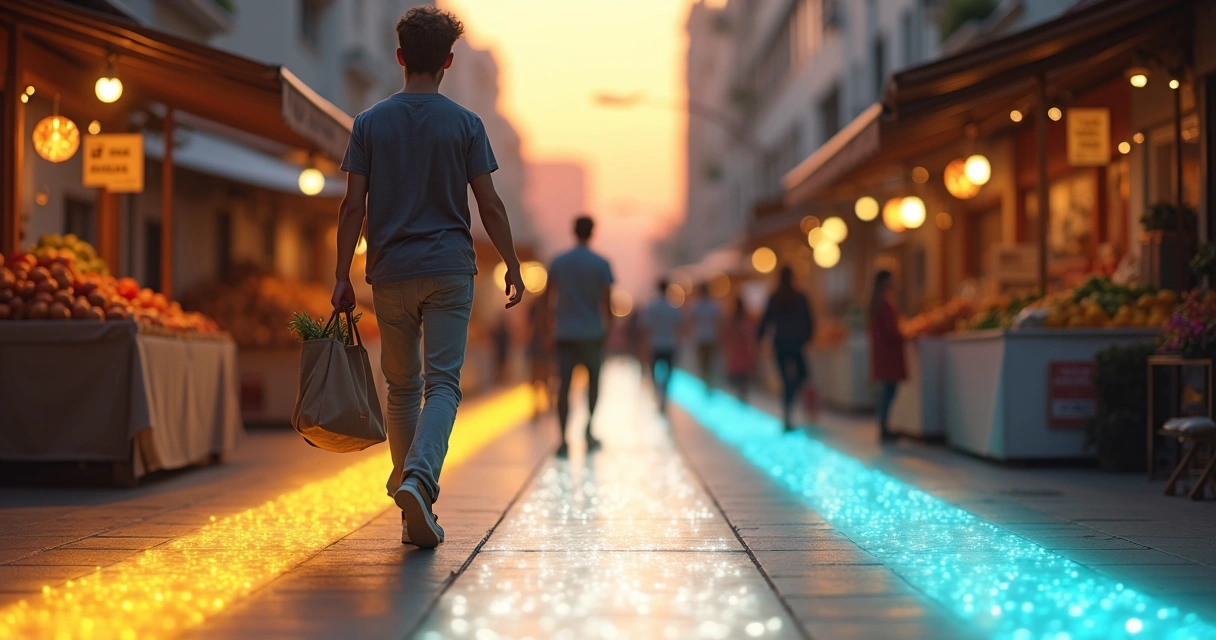 Persona caminando por un mercado con caminos de luz y símbolos de valor humano 