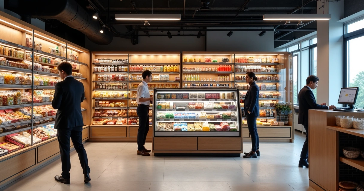 Mini mercado corporativo moderno com prateleiras variadas 