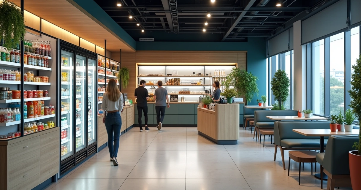 Mini mercado modular em área corporativa moderna 
