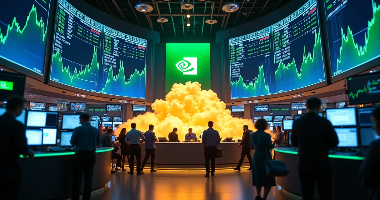 Bolsa de valores dos EUA com gráficos subindo e logo da Nvidia 