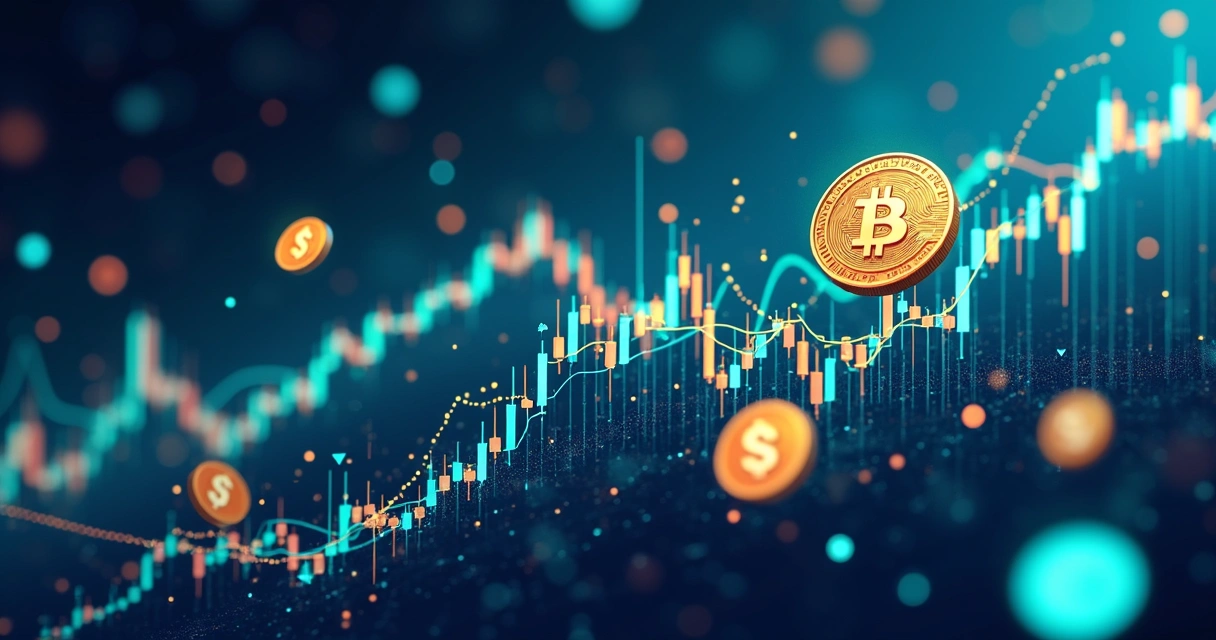 Ilustração de gráficos digitais e símbolos de criptomoeda em movimento 