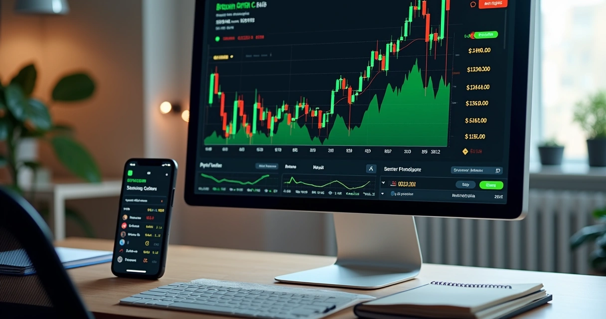 Tela de computador exibindo gráficos detalhados de criptomoedas com destaque para Bitcoin e altcoins em ambiente moderno de trabalho