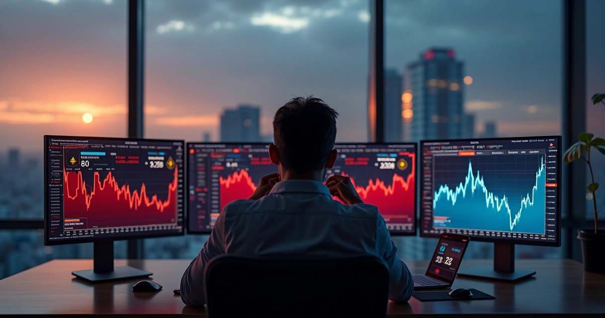 Investidor observa telas de preços de criptomoedas com expressão preocupada
