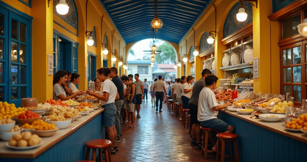 Bancas coloridas de mercado de alimentos típicos no Nordeste 
