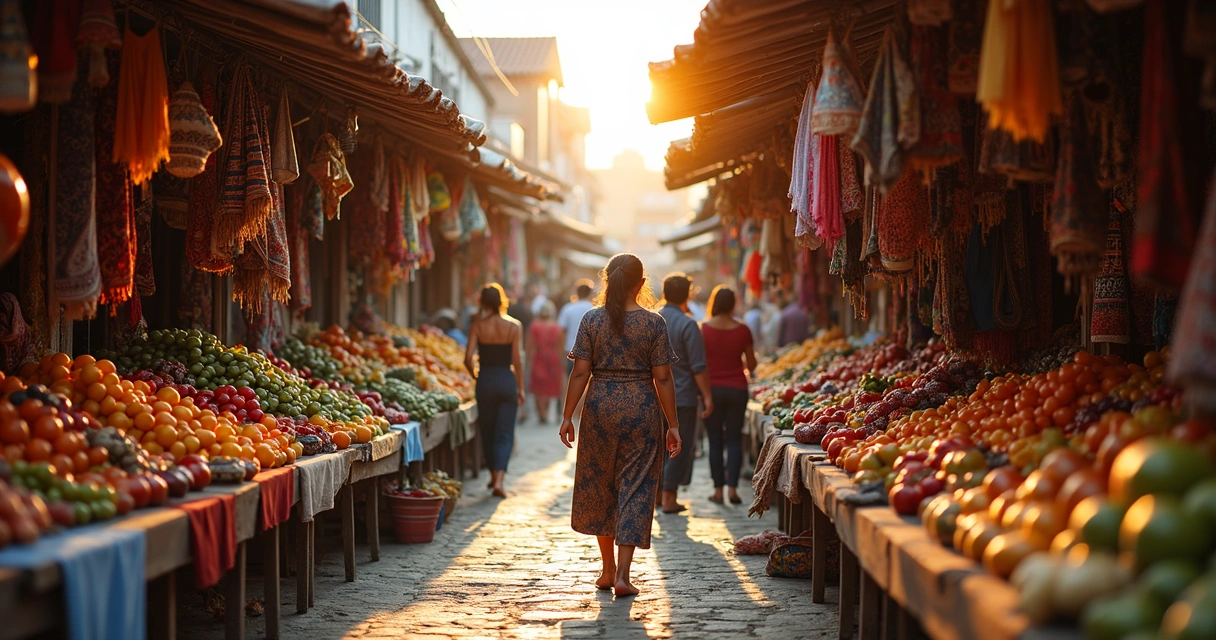 Banca de mercado colorida com artesanato e frutas típicas regionais