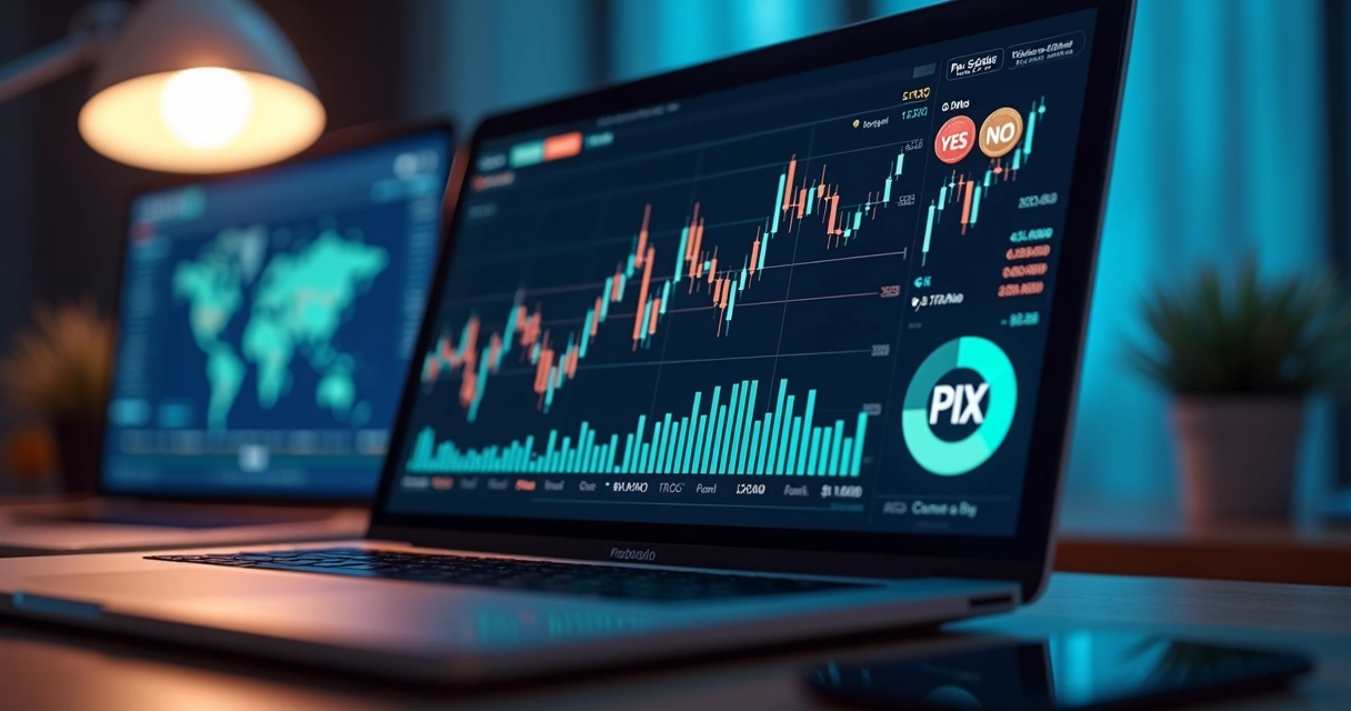 Computador com tela exibindo gráficos financeiros e dados de mercados de previsão, com elementos visuais de apostas em eventos reais e moedas brasileiras ao redor 