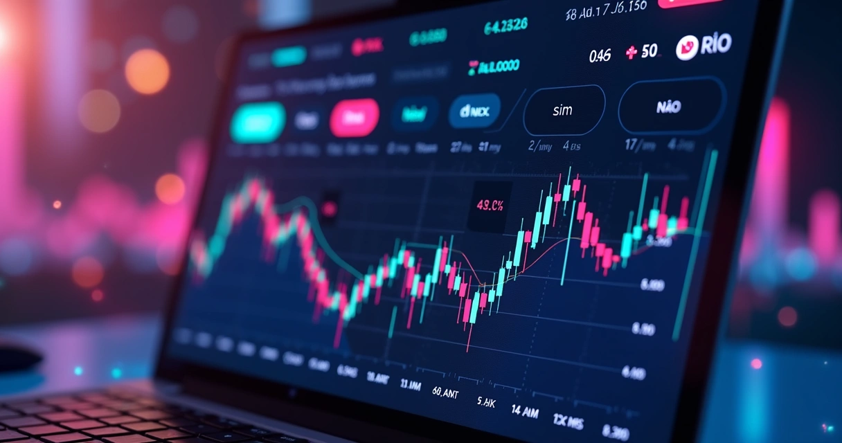Tela digital mostrando gráficos, probabilidades e contratos de previsão financeira em real com interface moderna 