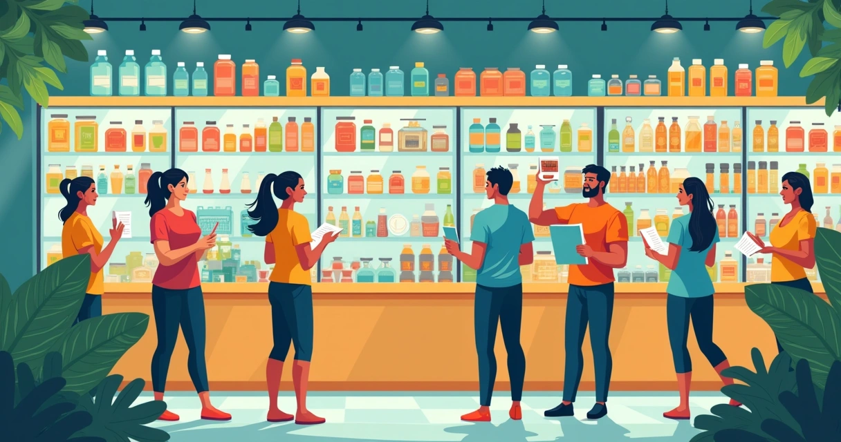 Loja de suplementos com pessoas comprando e um atleta segurando produtos saudáveis em ambiente urbano iluminado.