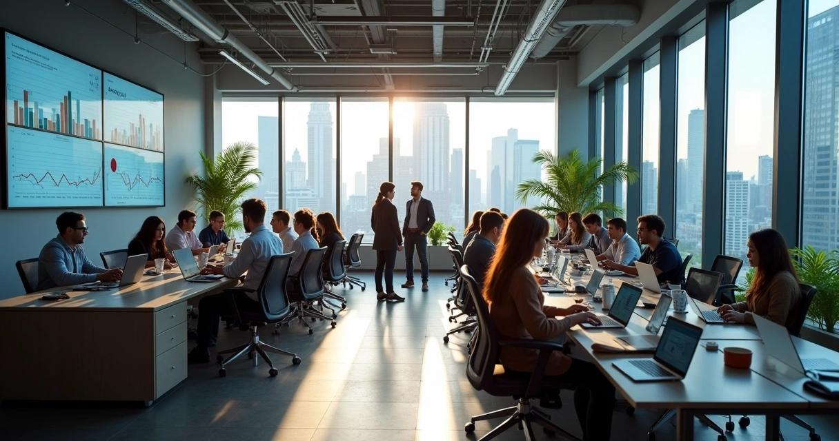 Espaço de trabalho moderno com jovens em reuniões, gráficos e computadores