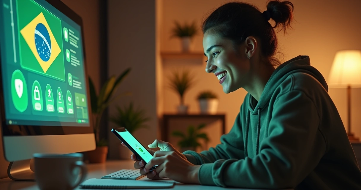 Usuário brasileiro interagindo de forma segura em uma plataforma digital 