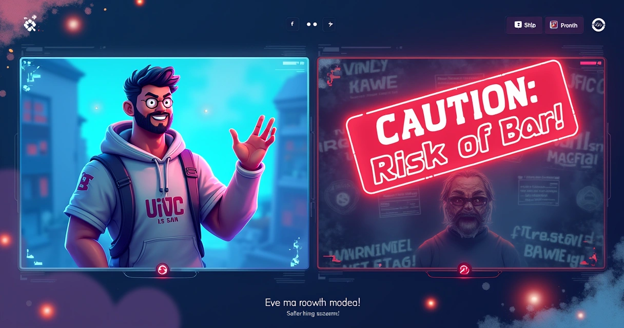 Ilustração de um mercado digital de contas de jogos, destacando riscos e cuidados ao vender itens. Cores vibrantes de um lado, cautela do outro.