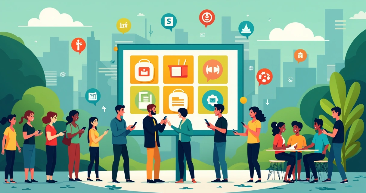 Ilustração de um mercado digital vibrante, com pessoas interagindo, painel de promoções e logos de redes sociais.