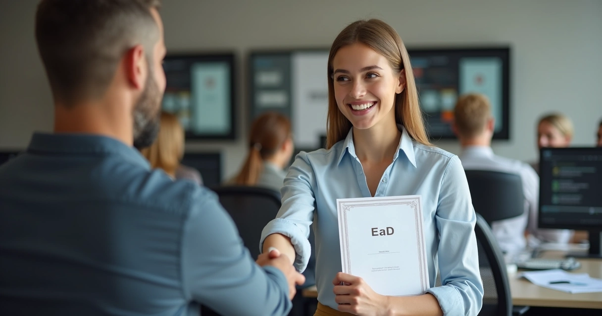 Profissional recebendo diploma EaD em uma empresa 