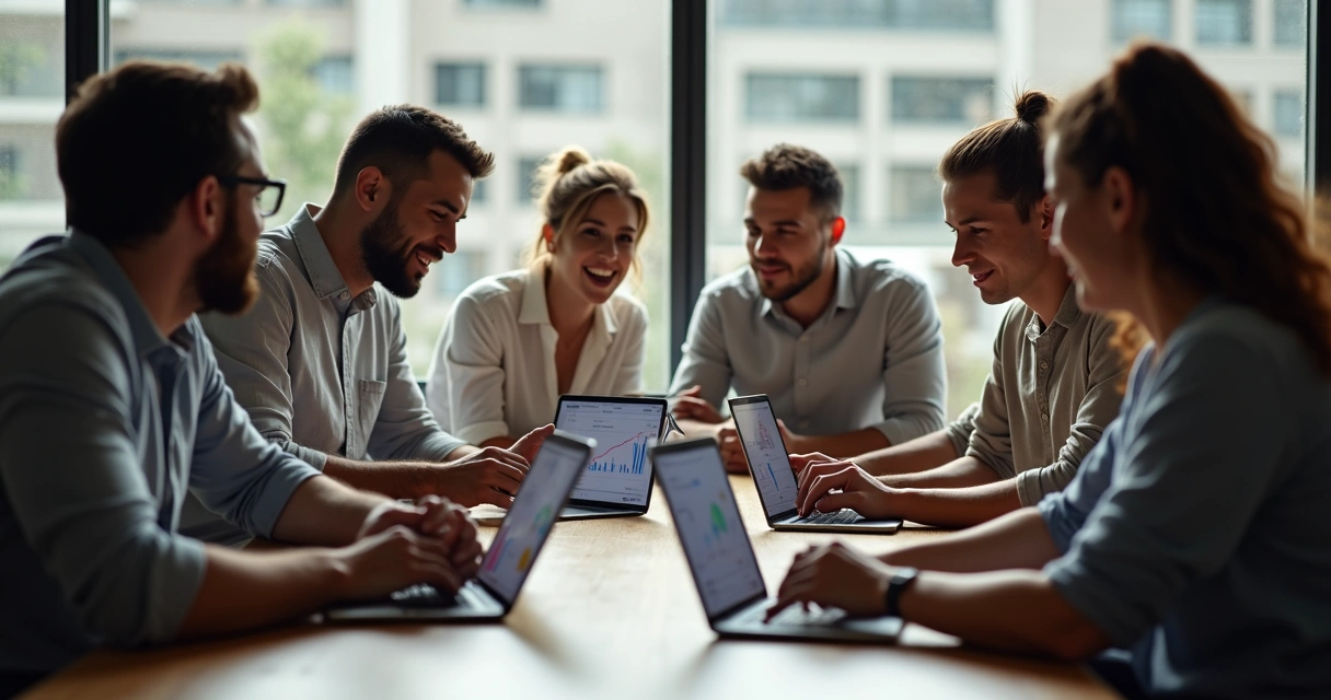 Grupo de pessoas no Brasil discutindo previsões online com tablets e smartphones sobre a mesa 