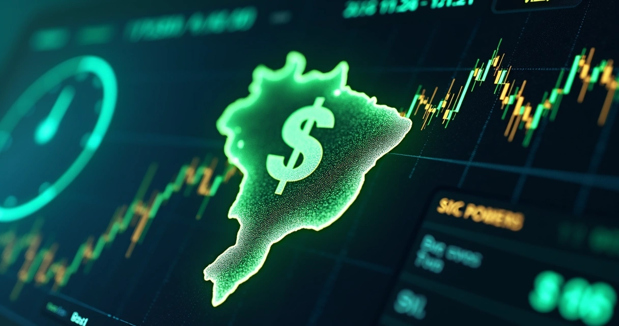 Gráfico financeiro mostrando queda do dólar e alta das commodities com fundo do mapa do Brasil 