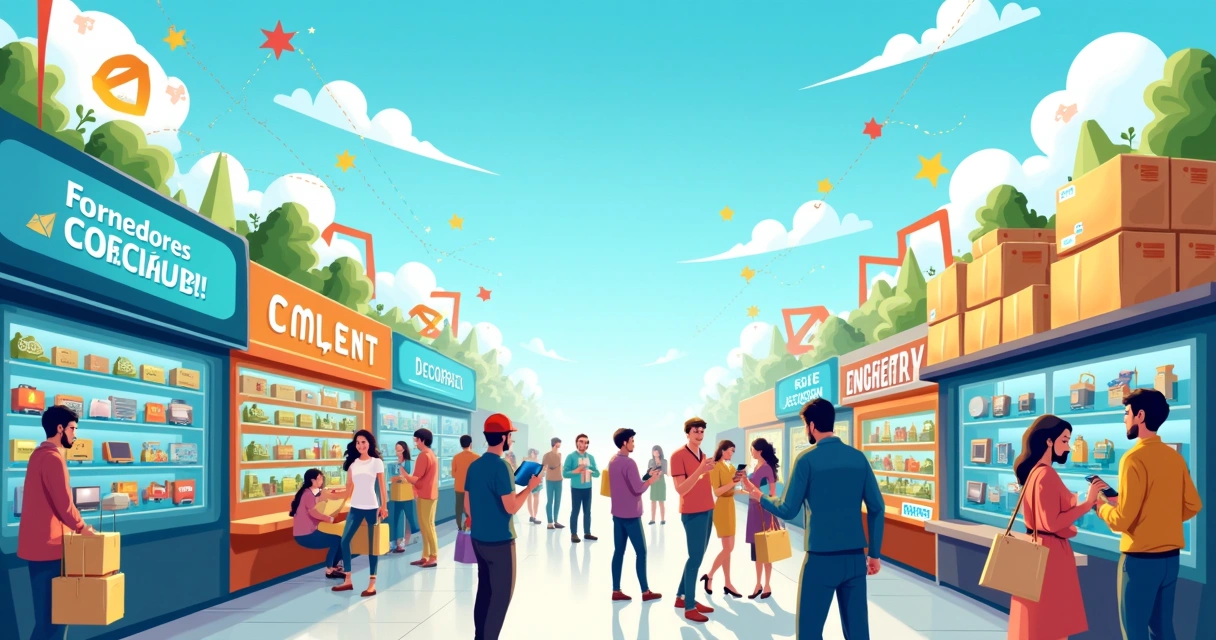 Ilustração de um mercado de dropshipping com pessoas discutindo fornecedores e visualizando produtos.