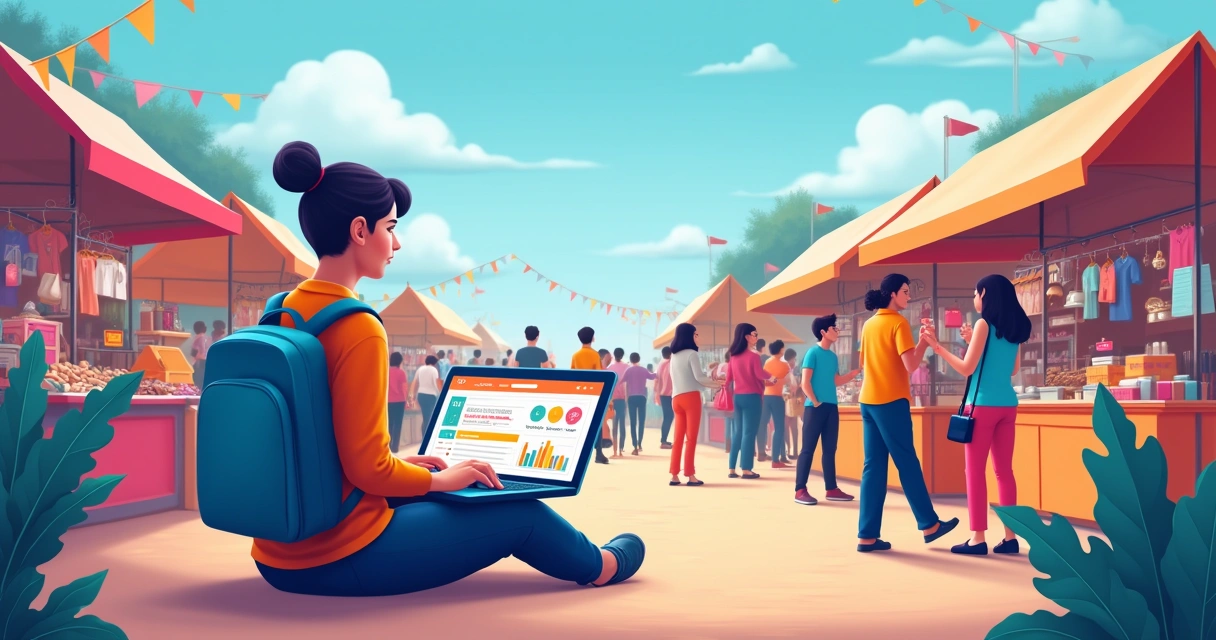 Ilustração de um mercado nacional de dropshipping, com pessoa pesquisando produtos em um laptop.
