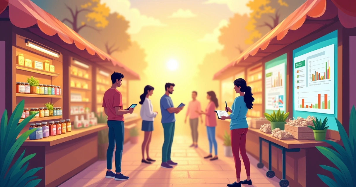 Ilustração de um mercado de dropshipping vibrante com produtos de nicho e um analista observando tendências.
