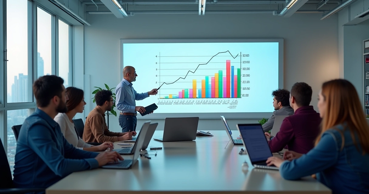 Sala com estudantes usando notebooks e tablets, gráficos de crescimento no quadro 