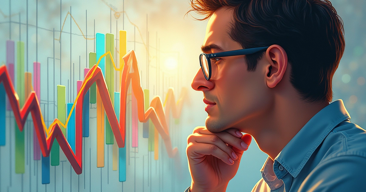 Gráfico colorido mostrando alta volatilidade do mercado eleitoral e rosto pensativo