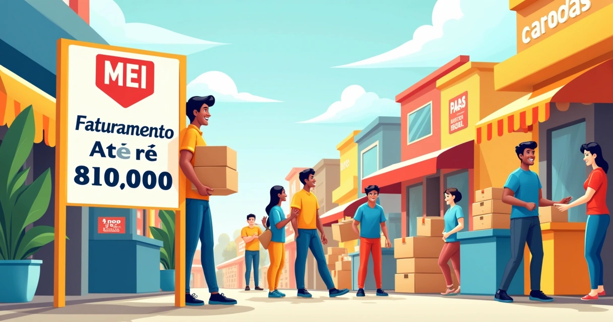 Mercado vibrante com sinalização MEI - Faturamento Até R$ 81.000 e pessoas interagindo.