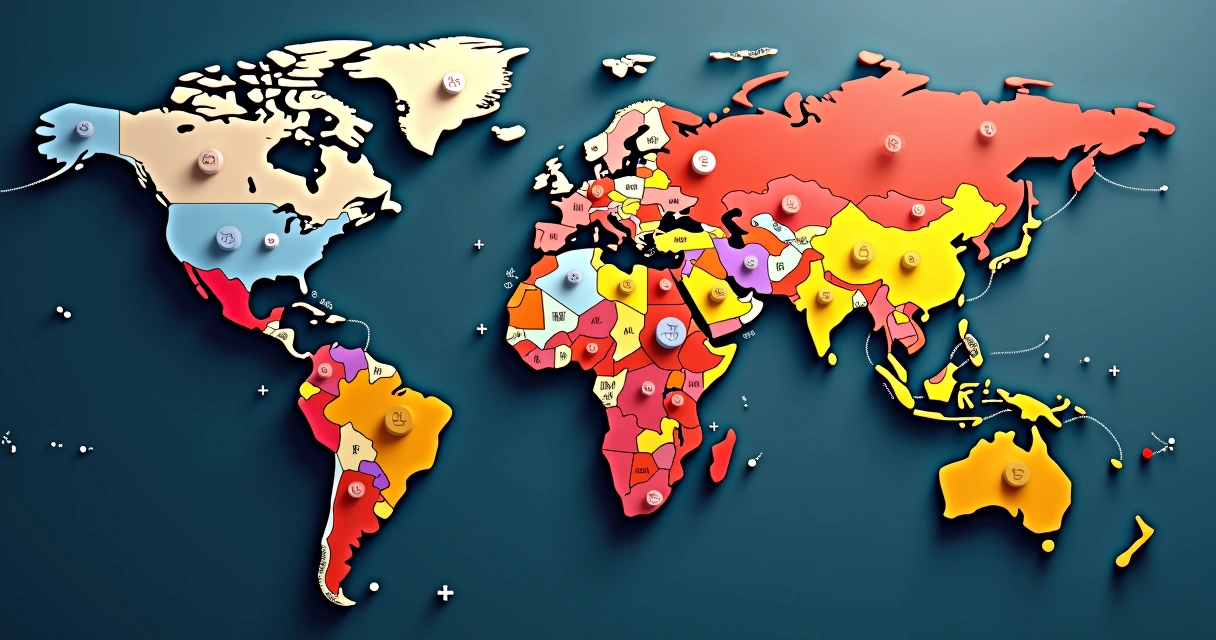 Mapa com destaque para países emergentes em destaque visual 