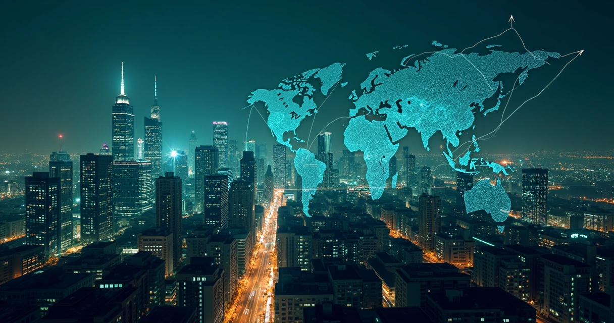 Vista panorâmica urbana noturna com gráficos financeiros e bolsas de valores globais em sobreposição 