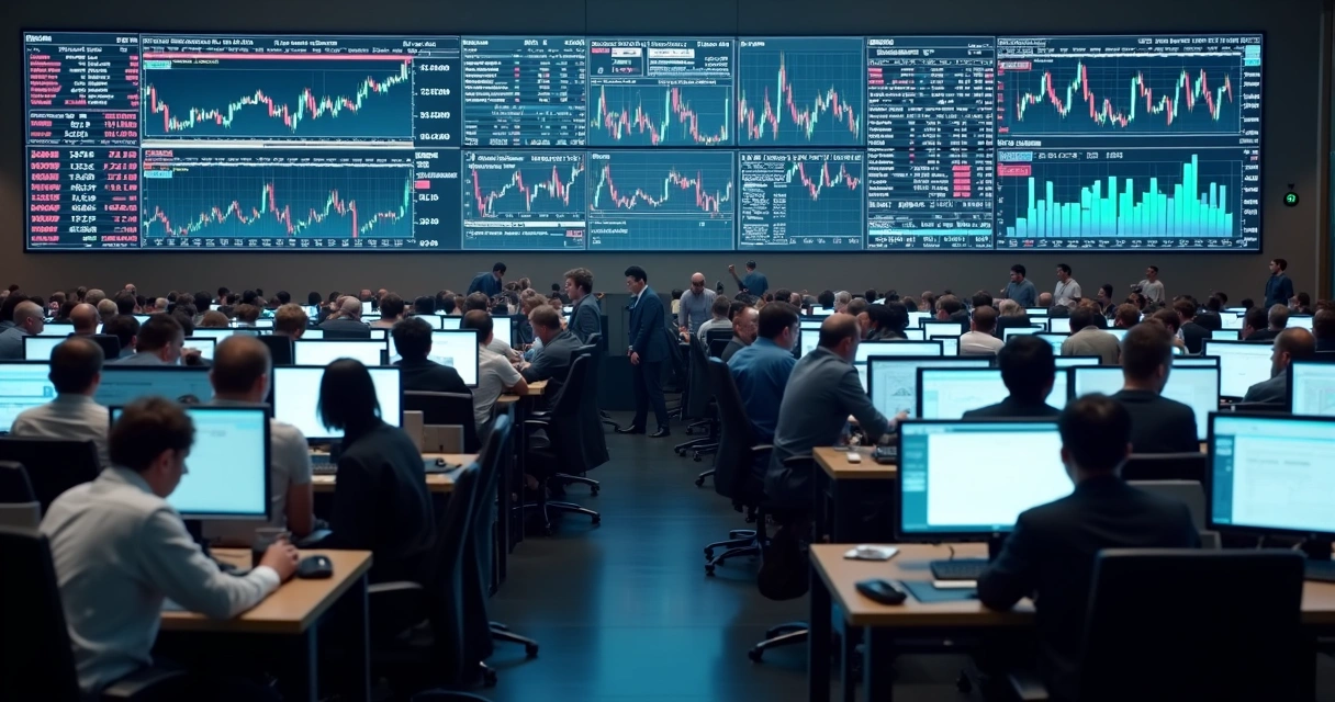 Traders em uma sala de operações assistindo a telas com gráficos financeiros caindo e subindo 