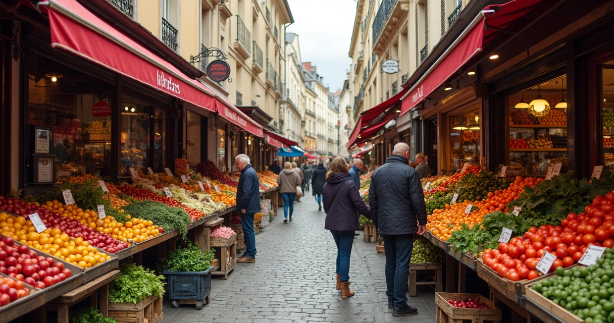 Balcão de frutas e verduras em mercado na França 