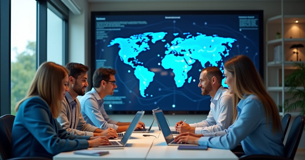 Profissionais de diferentes nacionalidades em reunião online, com mapas ao fundo 