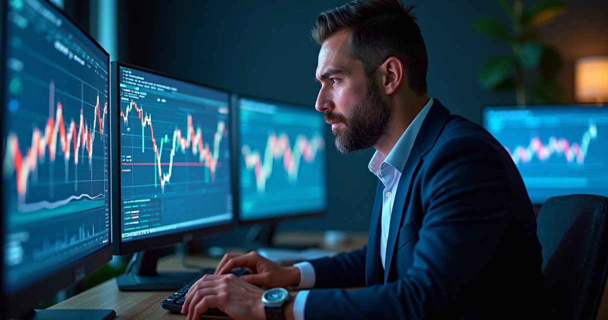 Investidor olhando para gráficos financeiros conectados a diferentes bandeiras de países 