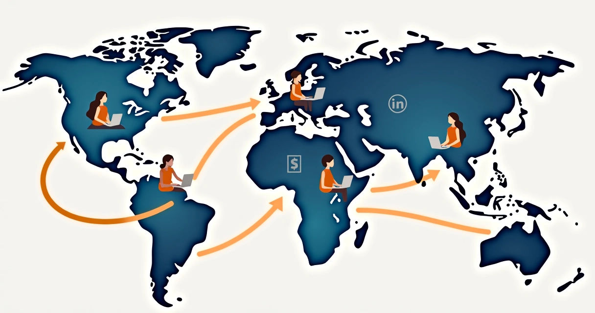 Mapa mundial com setas conectando diferentes destinos de trabalho 