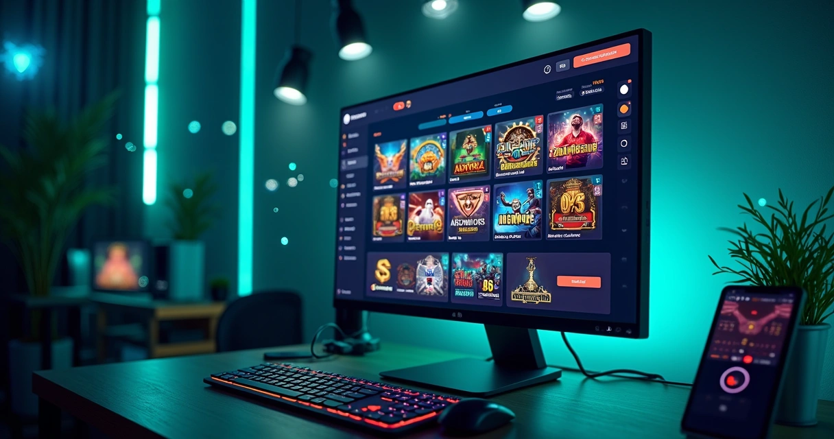 Computador com tela exibindo jogos de cassino online, apostas esportivas e gráficos digitais em ambiente tecnológico escuro com luzes neon azuis e verdes 