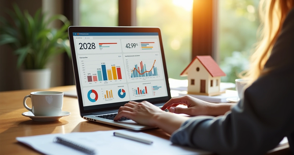 Pessoa analisando gráficos de mercado imobiliário na tela do notebook 
