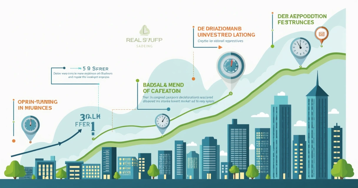 Ilustração corporativa mostrando gráfico de ciclo imobiliário com fases de expansão e retração e prédios representando investimentos 