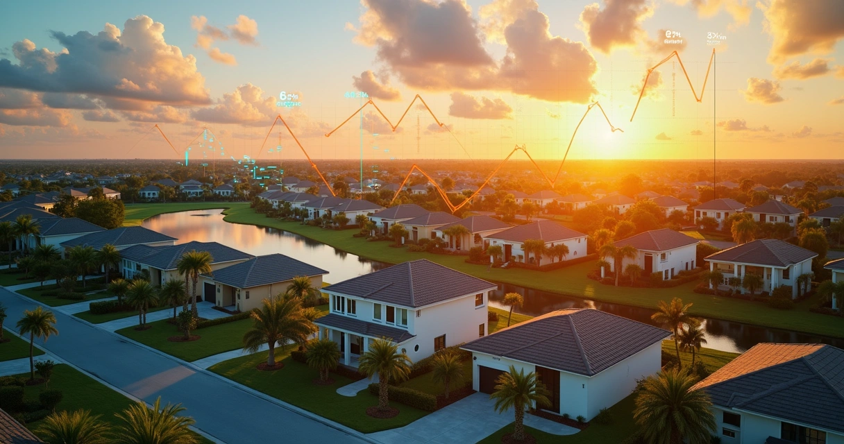 Vista aérea de casas na Flórida com gráficos de mercado imobiliário em destaque 