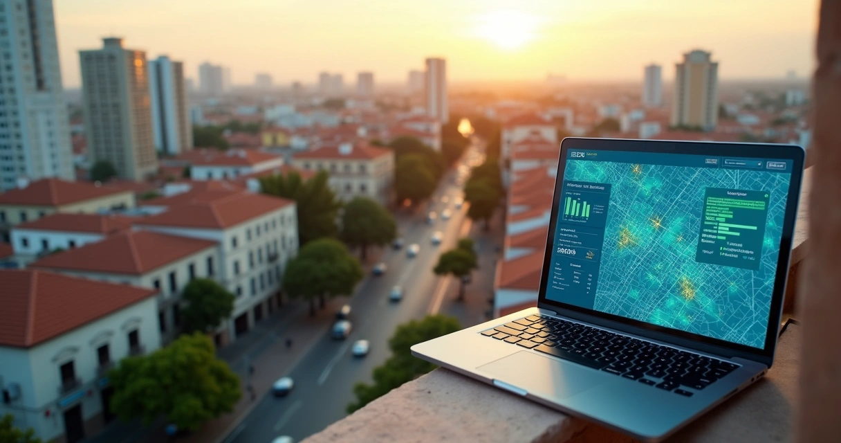 Vista aérea de Pelotas com mapa transparente destacando bairros e dados imobiliários 