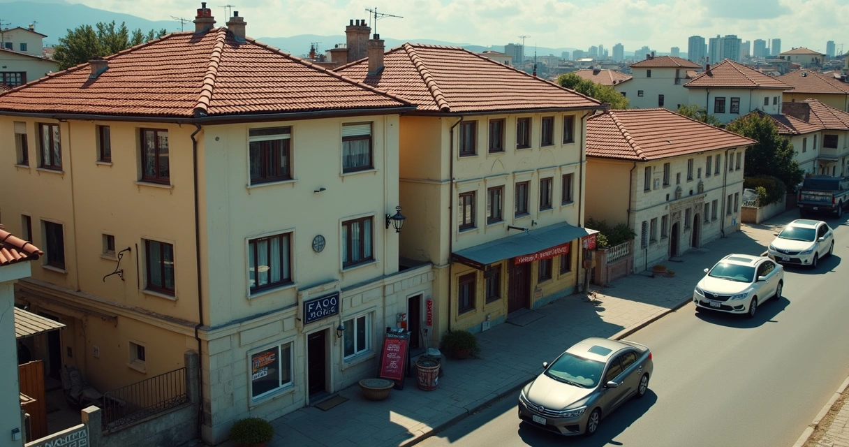 Vista área de bairro urbano com vários prédios residenciais, alguns imóveis à venda e placas de aluguel visíveis.