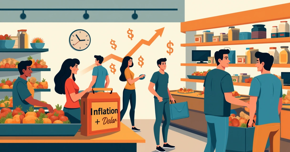 Ilustração de um mercado com produtos variados, destacando o aumento de preços devido à alta do dólar.